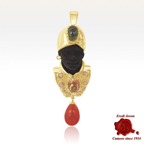 Ciondolo Vintage Moretto Veneziano con Corallo e Pietre Preziose