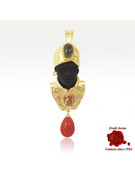 Ciondolo Vintage Moretto Veneziano con Corallo e Pietre Preziose