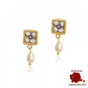 Flower Cameo & Pearl Earrings