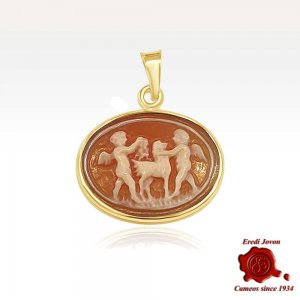 Antique Cameo With Cherubs And Goat Hand-Carved In Shell
