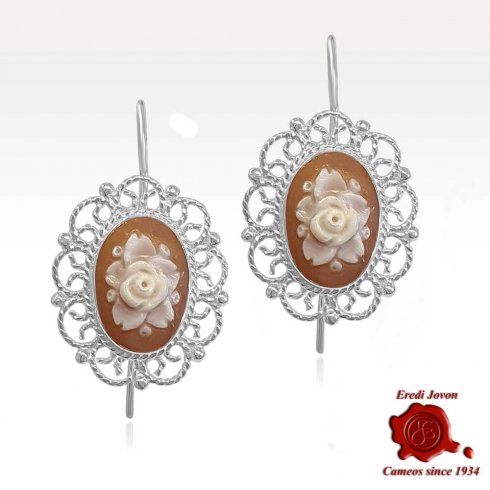 Orecchini Cammeo Fiore In Argento Conchiglia Sardonica