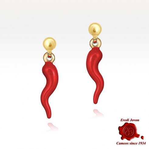 Orecchini in Oro 18 KT Cornetto Portafortuna Rosso