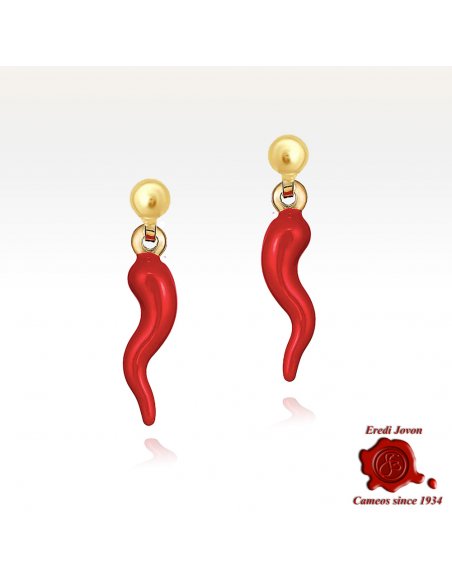 Orecchini in Oro 18 KT Cornetto Portafortuna Rosso