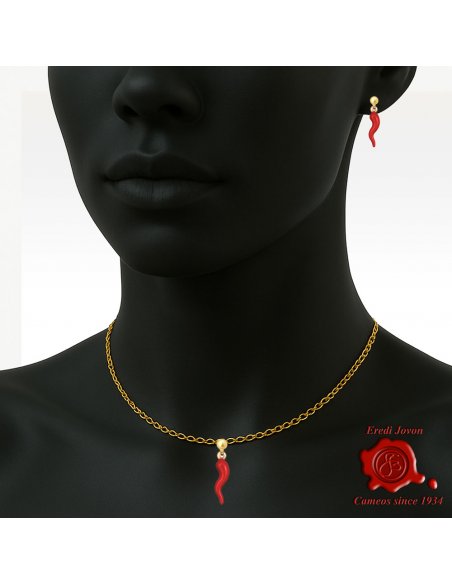 Orecchini in Oro 18 KT Cornetto Portafortuna Rosso