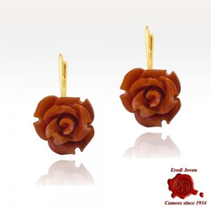 Rose Cut Coral Earrings Dangle in Gold