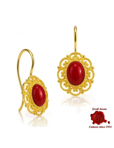 Orecchini Filigrana Dorata e Corallo Rosso Orecchini Filigrana Dorata e Corallo Rosso