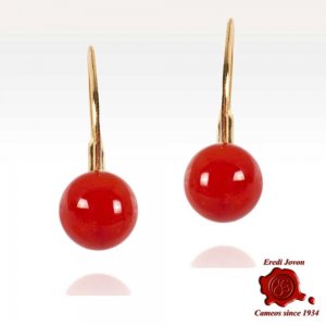 Red Coral Beads Dangle Earrings Gold