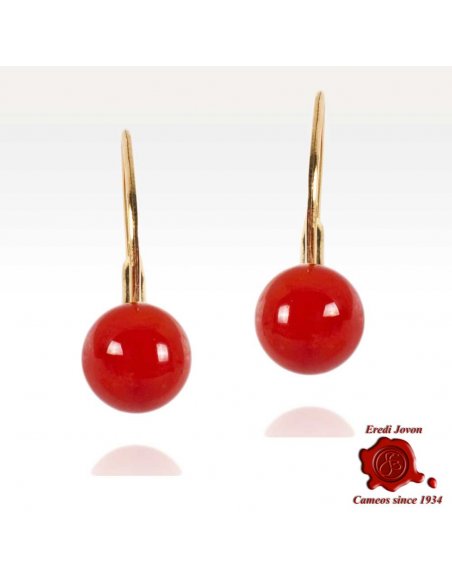 Red Coral Beads Dangle Earrings Gold