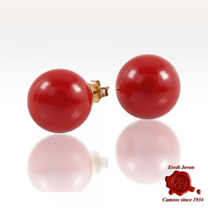 Red Coral Beads Stud Earrings Gold