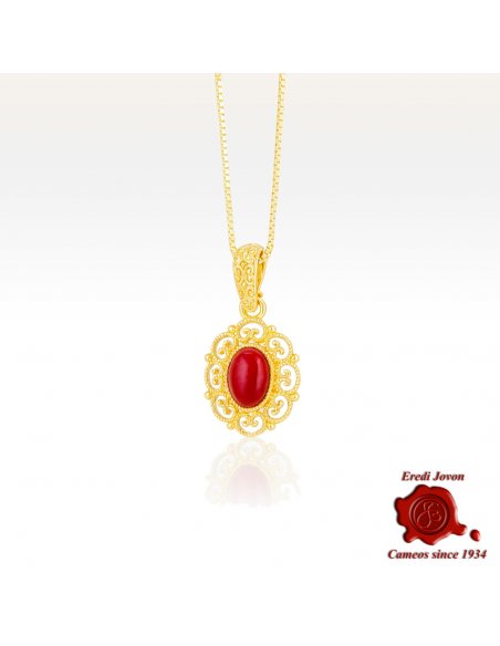 Ciondolo Dorato Filigrana Corallo Rosso