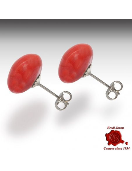 Red Coral Stud Earrings Silver Beads
