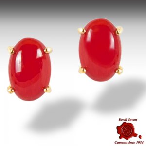 Gold Red Coral Earrings Studs