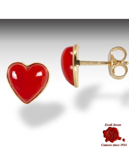 Red Coral Studs Earrings Heart Shaped in Gold