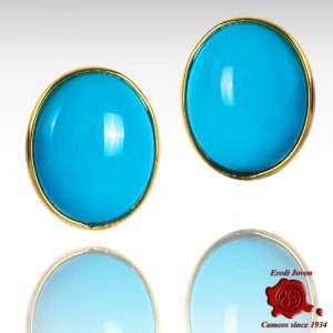 Cabochon Turquoise Stone Earings Yellow Gold Frame