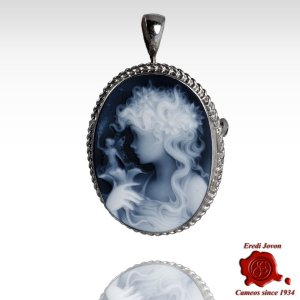 Lady with Fairy Blue Cameo Brooch Silver 2