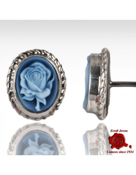 Blue Cameo Rose Earrings Silver
