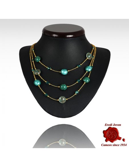 Three Lines Beads Necklace Sea Green Glass