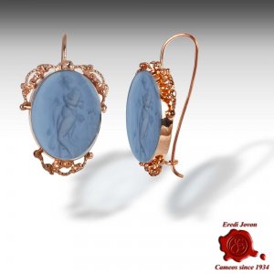 Glass Intaglio Dangle Earrings Filigree Set