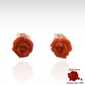 Red Coral Roses Earrings Silver