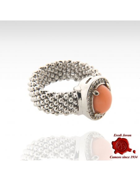 Smooth round Coral Bead And Zircons Ring