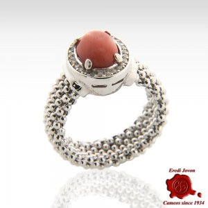Anello Pietra Bombé Corallo Rosso E Zirconi 2