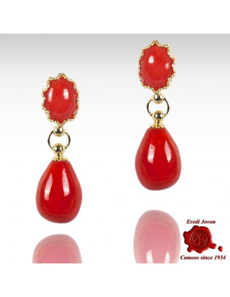 Red Coral Dangle Earrings Filigree Gold Set