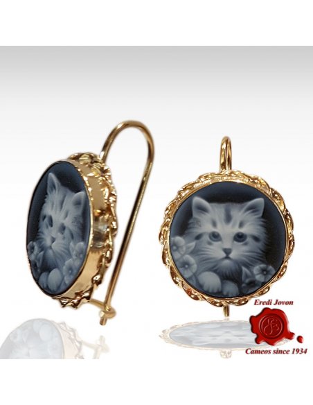 Blue cat cameo earrings yellow gold