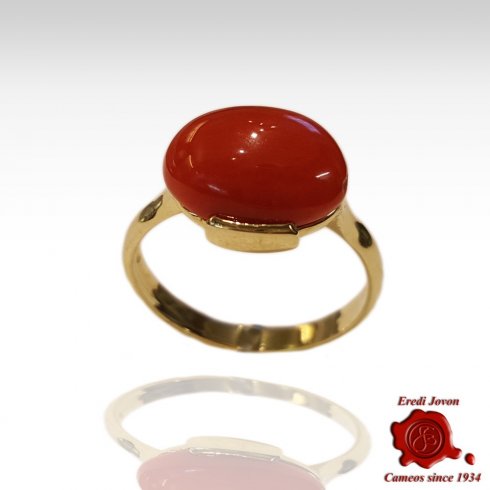 Oval Gold Red Coral Ring Horizontal