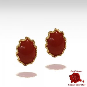 Oval Red Coral Gold Stud Earrings
