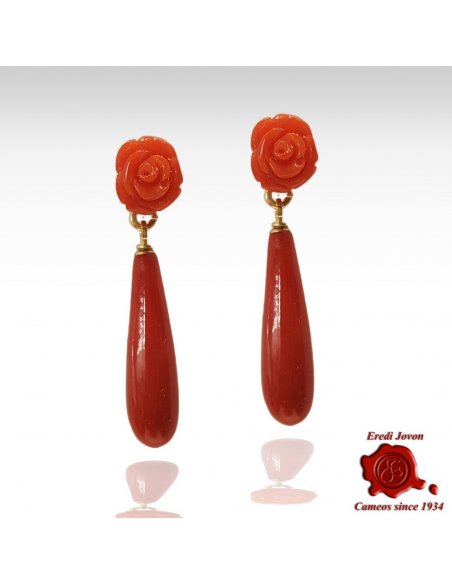 Red Coral Drop and Roses Earrings Gold