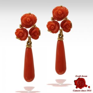 Red Coral Drop and 3 Roses Earrings in Gold