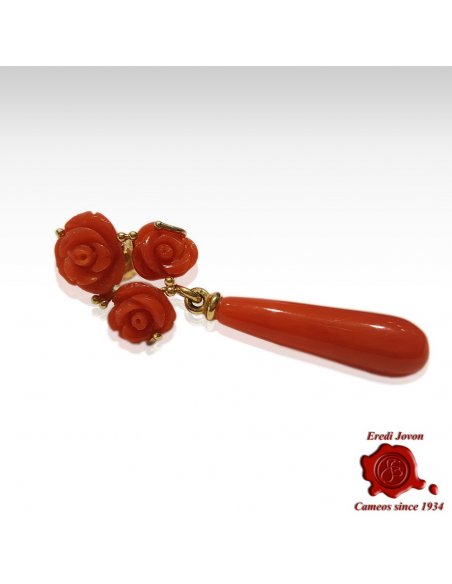 Red Coral Drop and 3 Roses Earrings in Gold