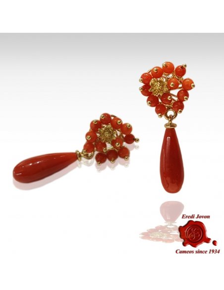 Red Coral Drop Earrings in Gold with Flowers