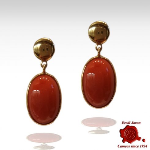 Oval Dangle Red Coral Earrings Gold