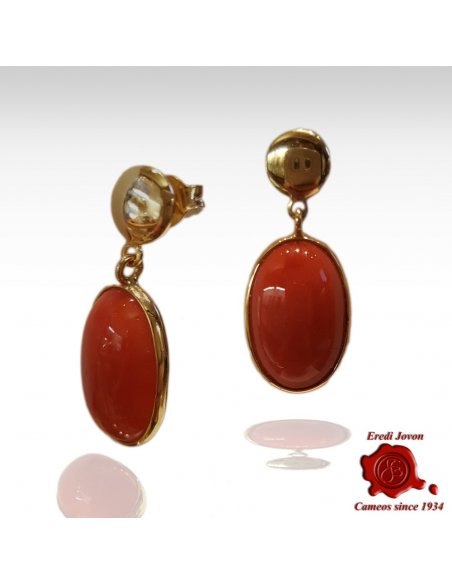Oval Dangle Red Coral Earrings Gold