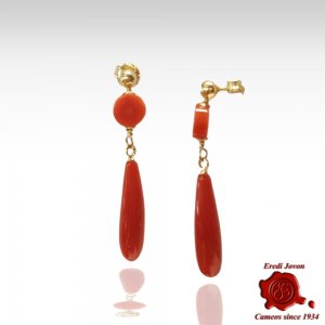 Gold Set Red Coral Earrings Tear Drop 2