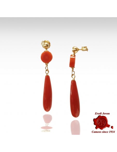 Gold Set Red Coral Earrings Tear Drop