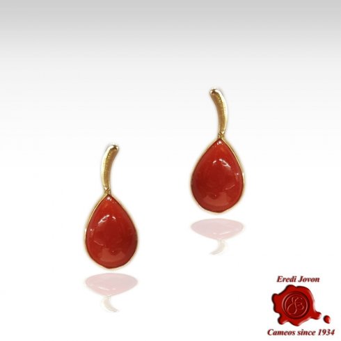 Tear Drop Studs Red Coral Earrings Gold