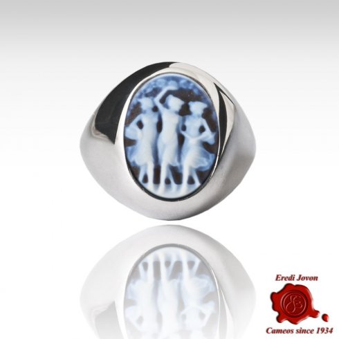 Three Graces Blue Cameo Wide Band Silver Ring