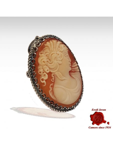 Hand Carved Shell Cameo Brooch in Silver
