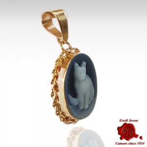 Gold Cat Blue Cameo Necklace 2