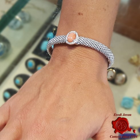 Silver links I said heart. 10mm beads Grey glass bracelet with pink-coral