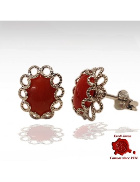 Red Coral Earrings with Silver Filigree
