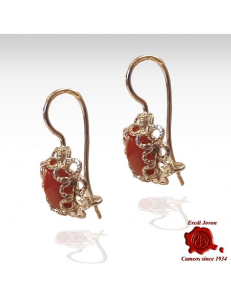 Dangle Red Coral Earrings with Silver Filigree