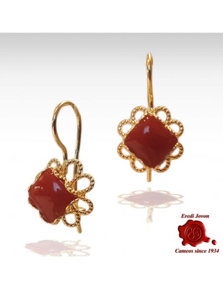 Gold Filigree and Red Coral Earrings Dangle