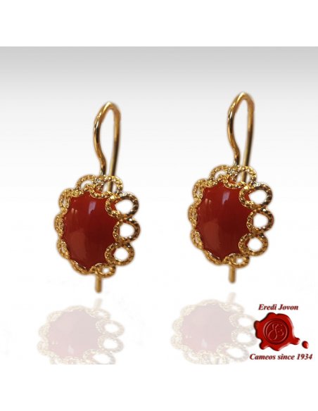 Gold Dangle Red Coral Earrings Filigree Oval