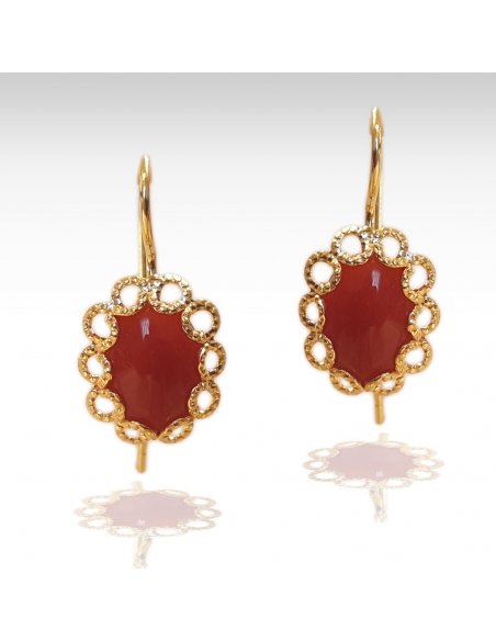 Gold Dangle Red Coral Earrings Filigree Oval