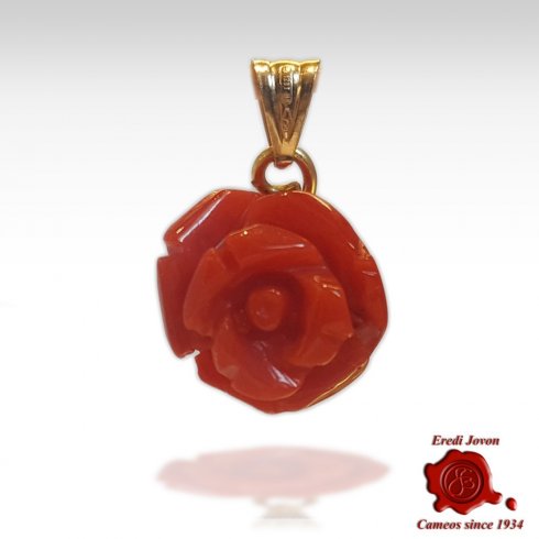 Red Coral Engraved Rose Pendant Gold