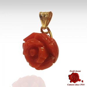 Red Coral Engraved Rose Pendant Gold 2