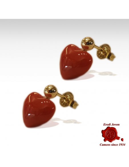 Blood Coral and Gold Earrings Heart Shaped